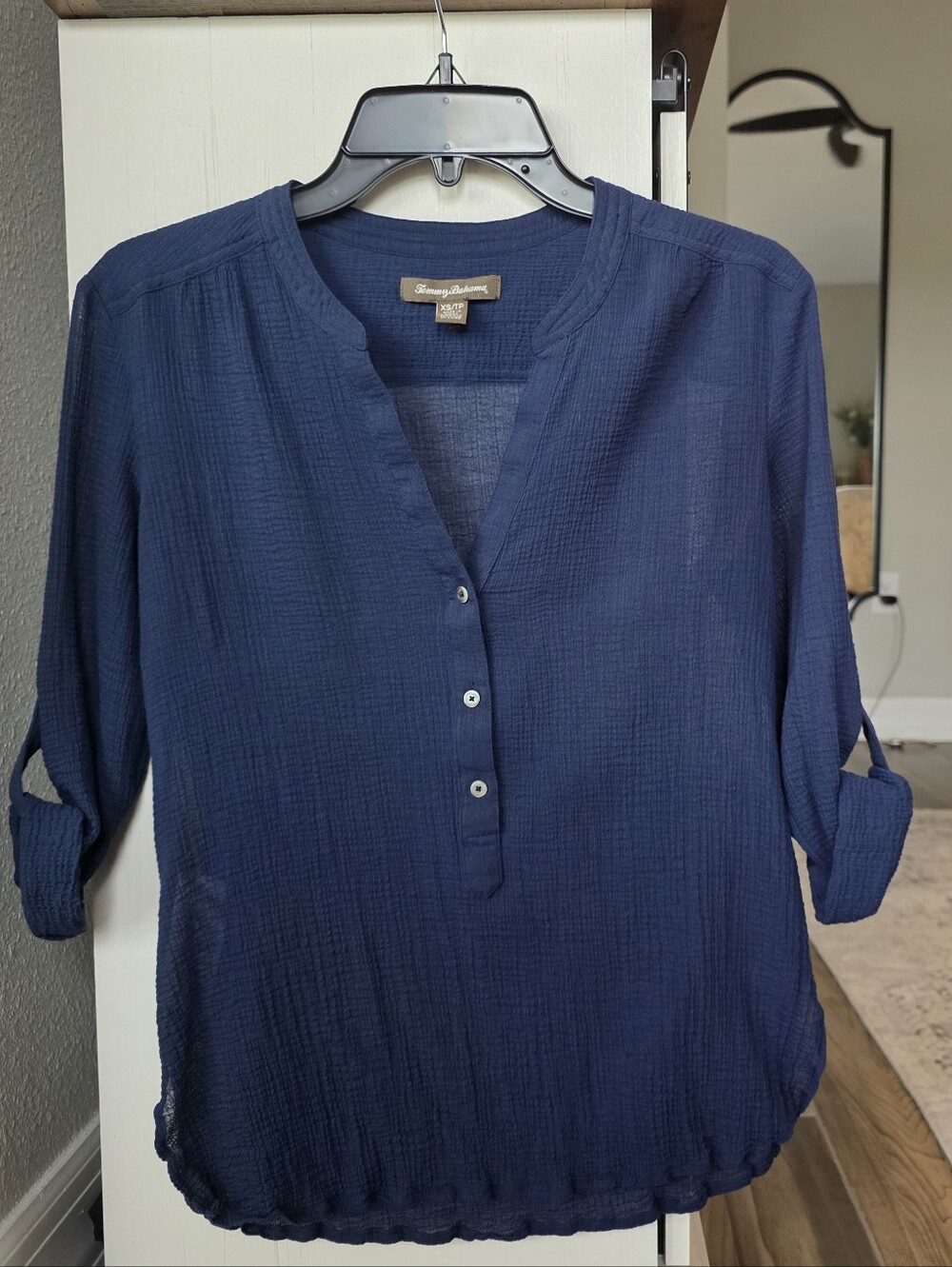Tommy Bahama Navy Textured Button-Front Popover Top